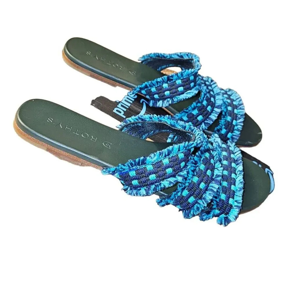 Rothy's Womens Blue Fringe Triple Fabric Strap Slide‎ On Flat Sandals 6 - Picture 3 of 7